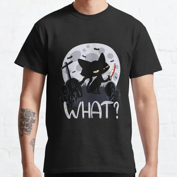 Cat What Murderous Black Cat With Knife T-Shirts for Men Kitten Lovers Cotton Big Tall Tees Short Sleeve T Shirt Big Size 6XL