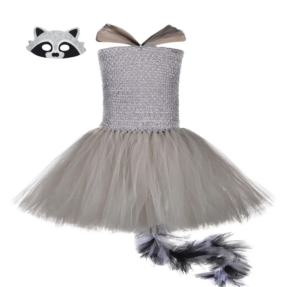 Grey Raccoon Costume Kids Racoon Tutu Dress with Tail Toddler Girls Halloween Birthday Carnival Party Animal Dress Up Clothes