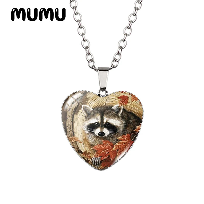 2023 New Raccoon Heart Necklace Cute Animal Painting Glass Printed Photo Pendant Handmade Jewelry Gifts Children