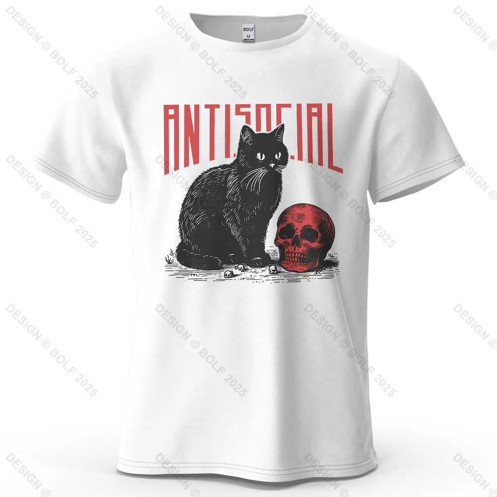 Black Cat Skull Printed T-Shirt