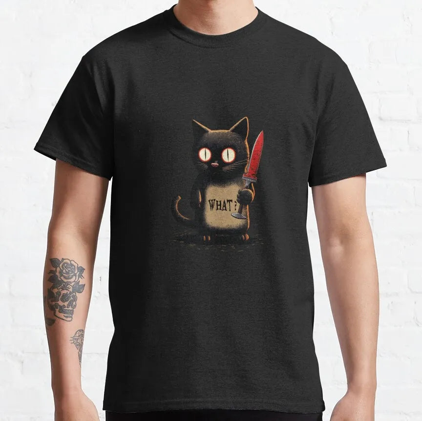 Cat What Murderous Black Cat With Knife T-Shirts for Men Kitten Lovers Cotton Big Tall Tees Short Sleeve T Shirt Big Size 6XL
