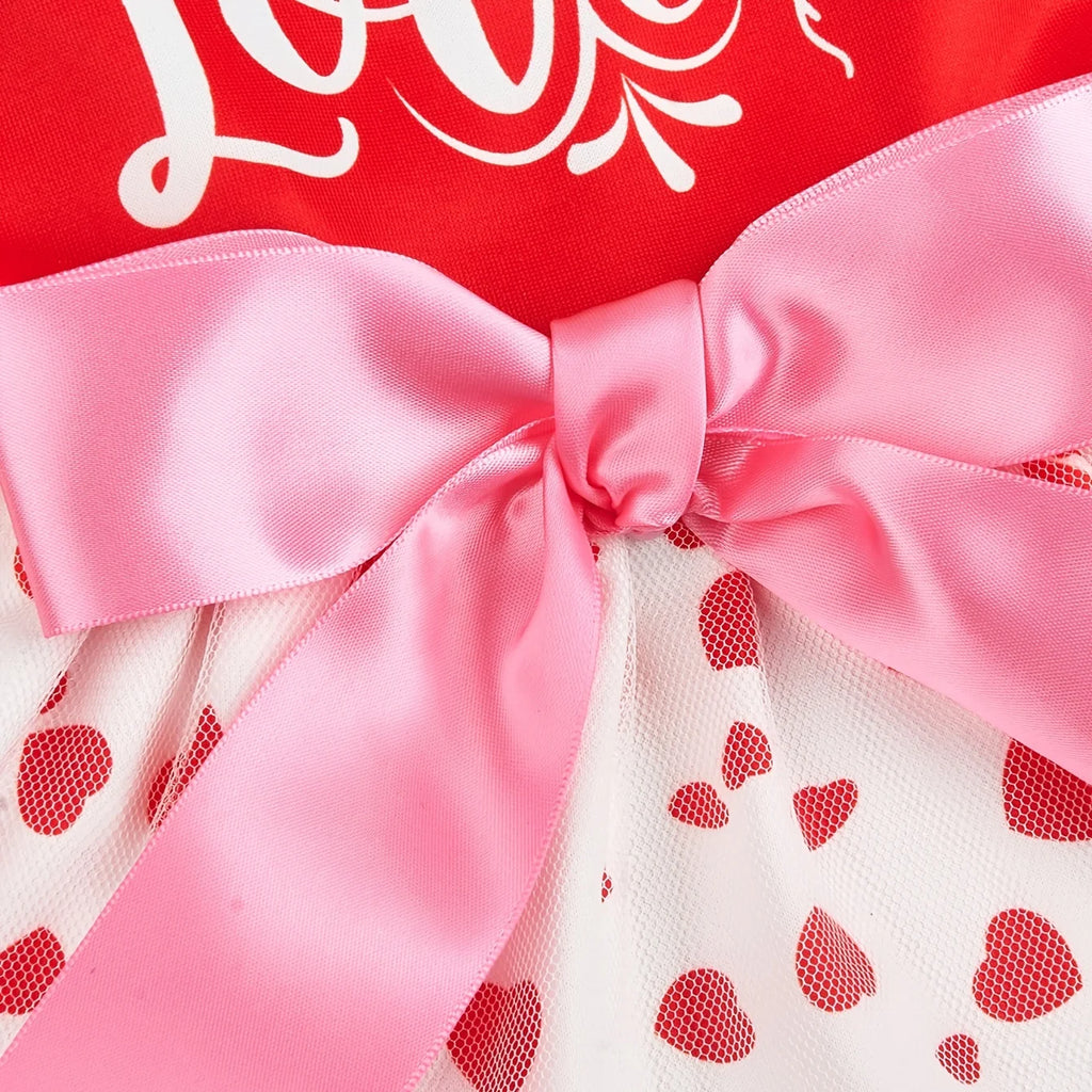 Valentine's Day Pet Dress, Red Top “Loads of Love”, Cute Puppy Skirt with Heart Prints, Bow - tied Doggie Outfit Clothes Apparel