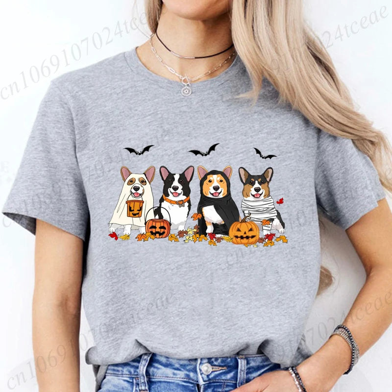 Halloween Dog Fashion T Shirt Tops Women Harajuku Graphic Tees Shirt Femme Corgi Dogs Halloween Women's T-shirt Clothes Tops