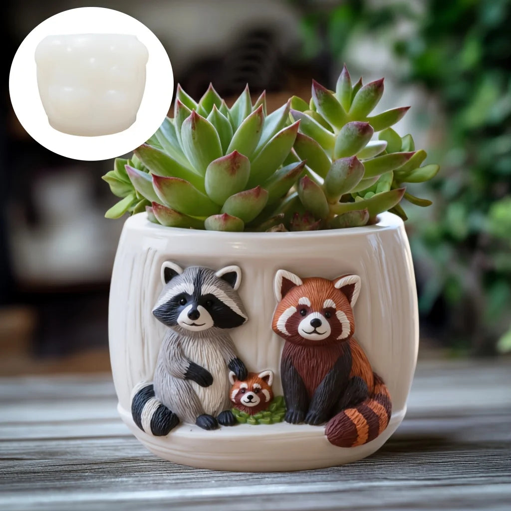 Raccoon Family Succulents Flower Pot Silicone Mold Red Panda Family Relief Resin Plaster Flower Pot Mold