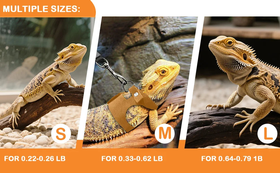 Bearded Dragon Harness and Leash Set, 3 Size Adjustable Soft Leather Reptile Leash, Lizard Harness with Retractable