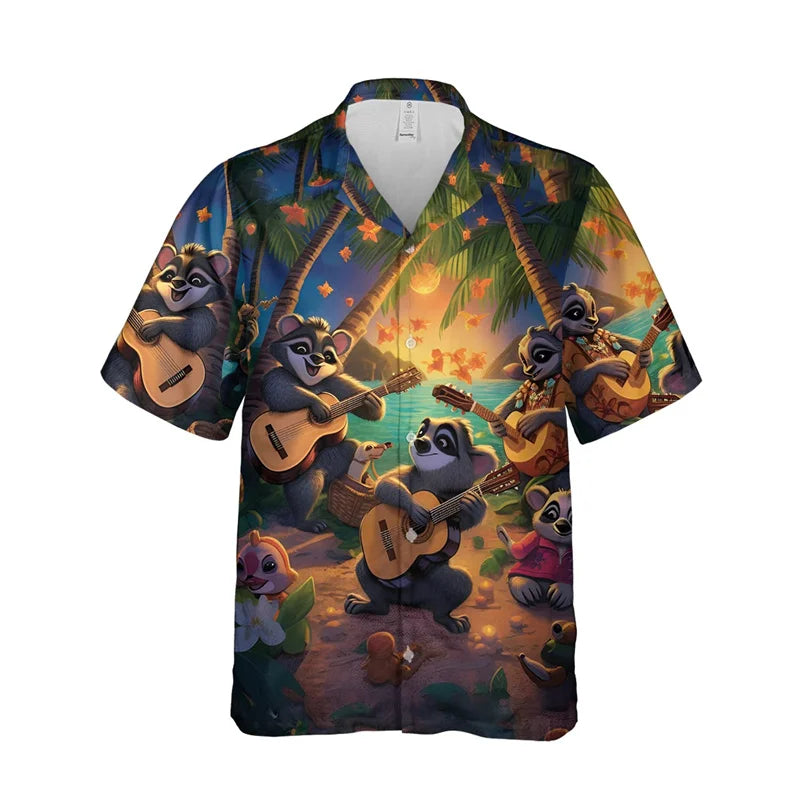 Funny Animal Raccoon 3D Print Beach Shirts For Men Procyon Lotor Lover Short Sleeve Bear Lapel Blouse Hawaiian Boy Button Tops