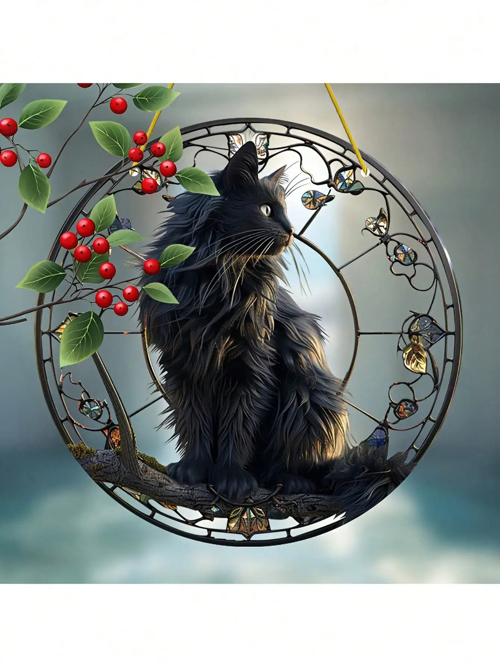 Black cat pendant sitting on a tree branch basking in the sun