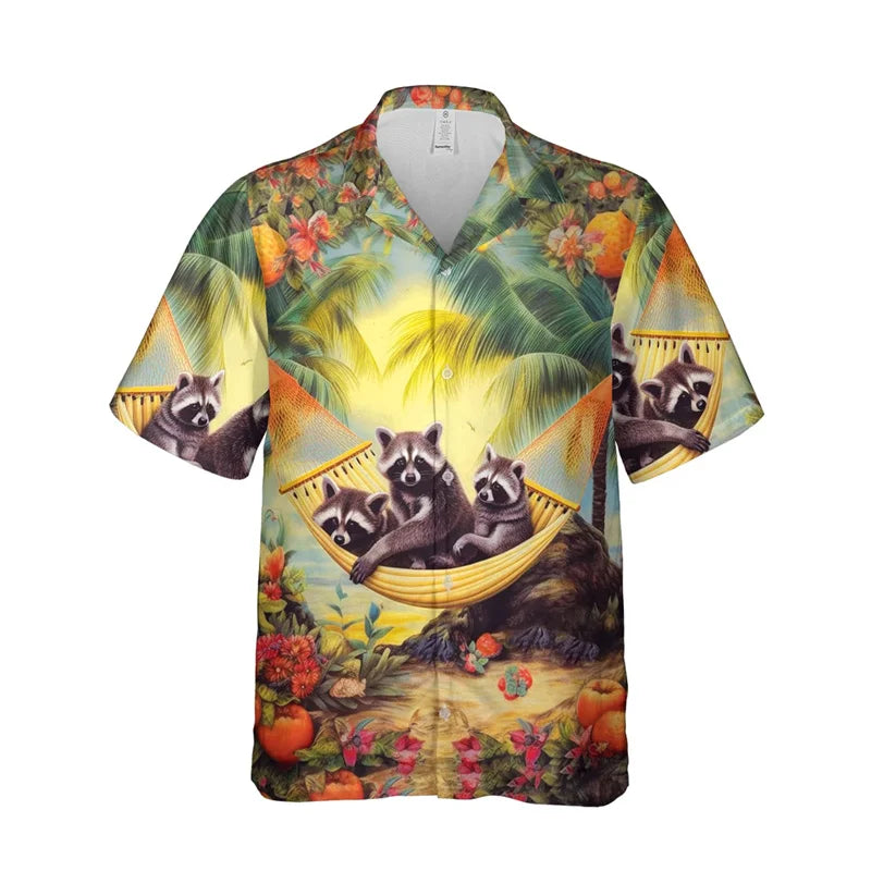 Funny Animal Raccoon 3D Print Beach Shirts For Men Procyon Lotor Lover Short Sleeve Bear Lapel Blouse Hawaiian Boy Button Tops