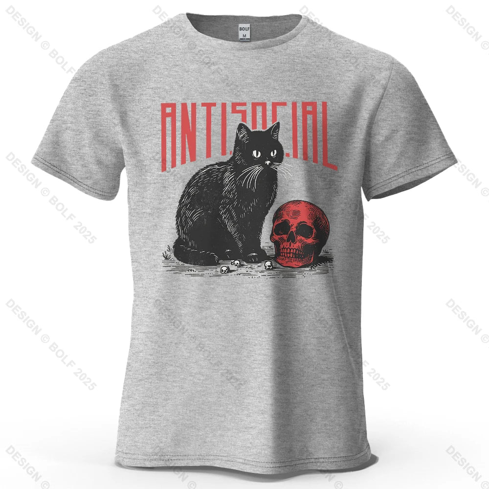 Black Cat Skull Printed T-Shirt