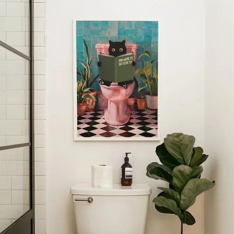 Colourful Funny Black Cat in Bathroom Poster