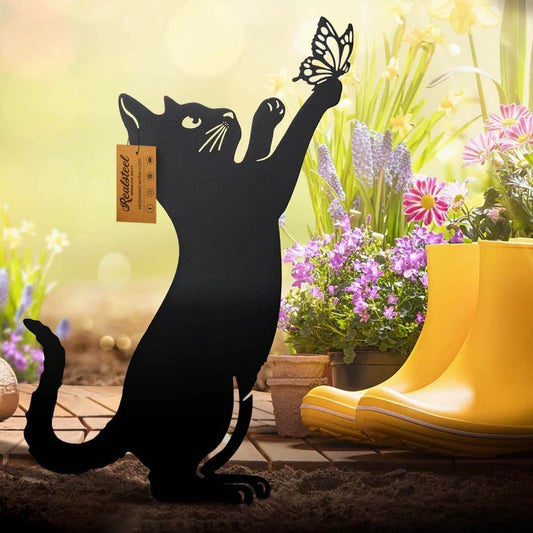 Black Cat Silhouette Garden Decorative Ground Plug Metal Handmade Artwork Outdoor Lawn Decoration
