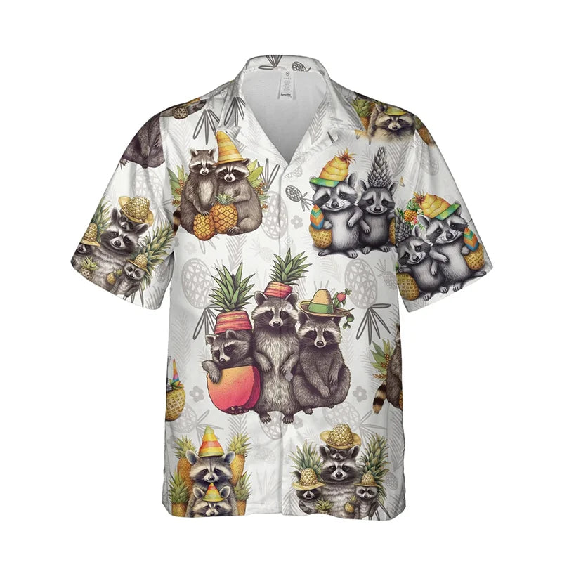 Funny Animal Raccoon 3D Print Beach Shirts For Men Procyon Lotor Lover Short Sleeve Bear Lapel Blouse Hawaiian Boy Button Tops