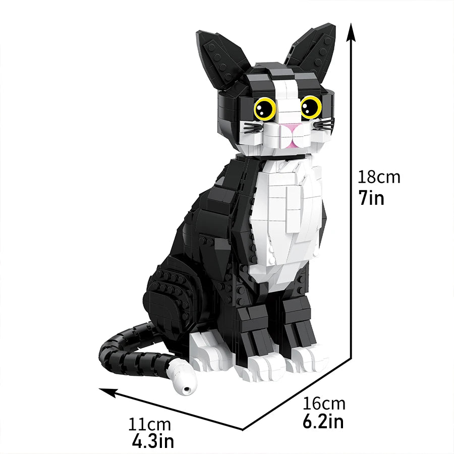 Black and White Cat Building Block Set Creative Sitting Kitten Brick Model Kit Adult Animal Assembly Toy Collectible Cat Figurin