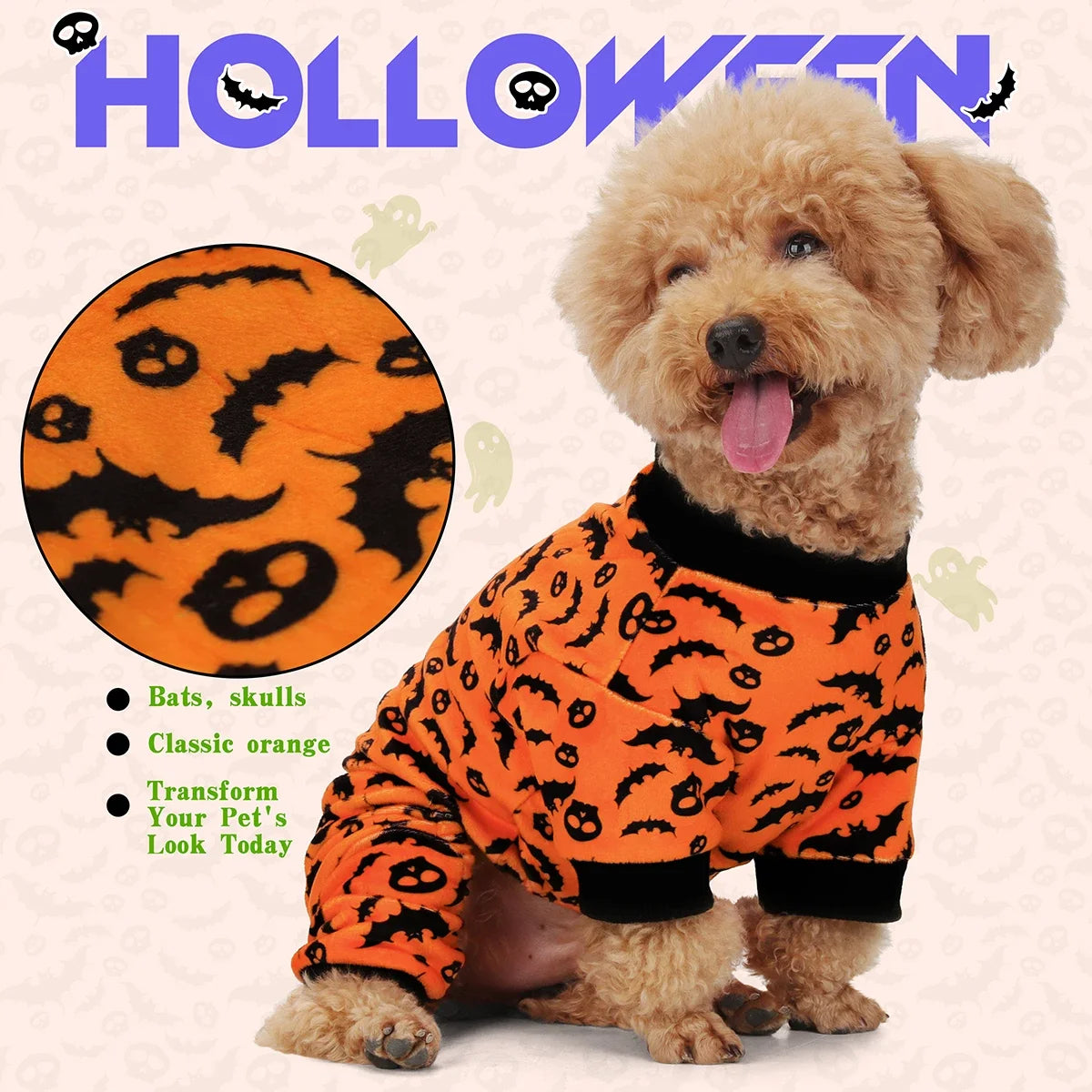Halloween Dog Pajamas Costume: Four-legged outfit with bat and skull patterns, perfect for small, medium, and large dogs