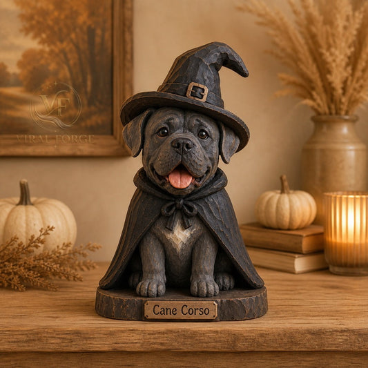 Three-Layer Wooden Plaque Featuring Cane Corso Witch Design - Ideal for Fall Tabletop Decor and Dog Enthusiasts