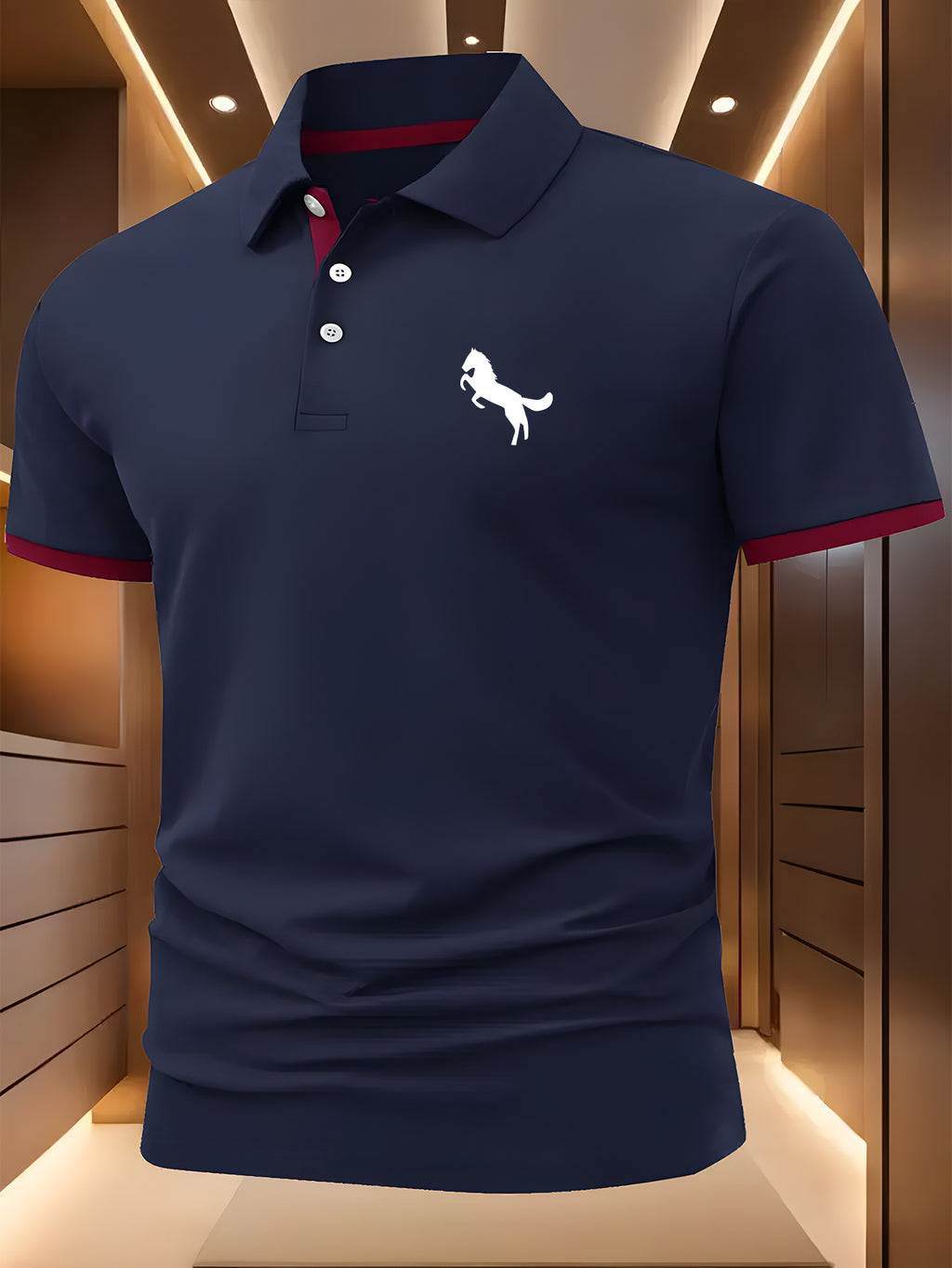 Horse Symbol Men'S New Polo Shirt with Front Pattern, Summer Polo Shirt, Casual Outdoor Short Sleeved Top, Button Neck, Slight Elasticity, Regular Fit, Suitable for Sports, Fishing, Fitness, Daily Wear