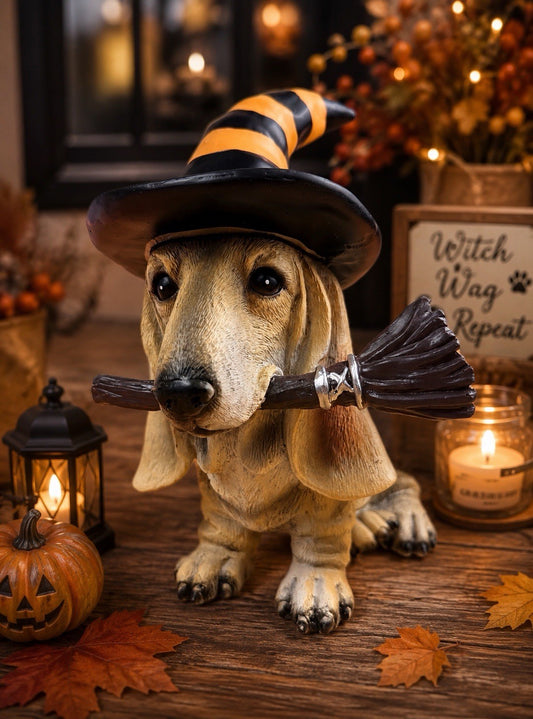Basset Hound Halloween Witch Statue - 11" Resin Dog Decor with Broom, New with Tags