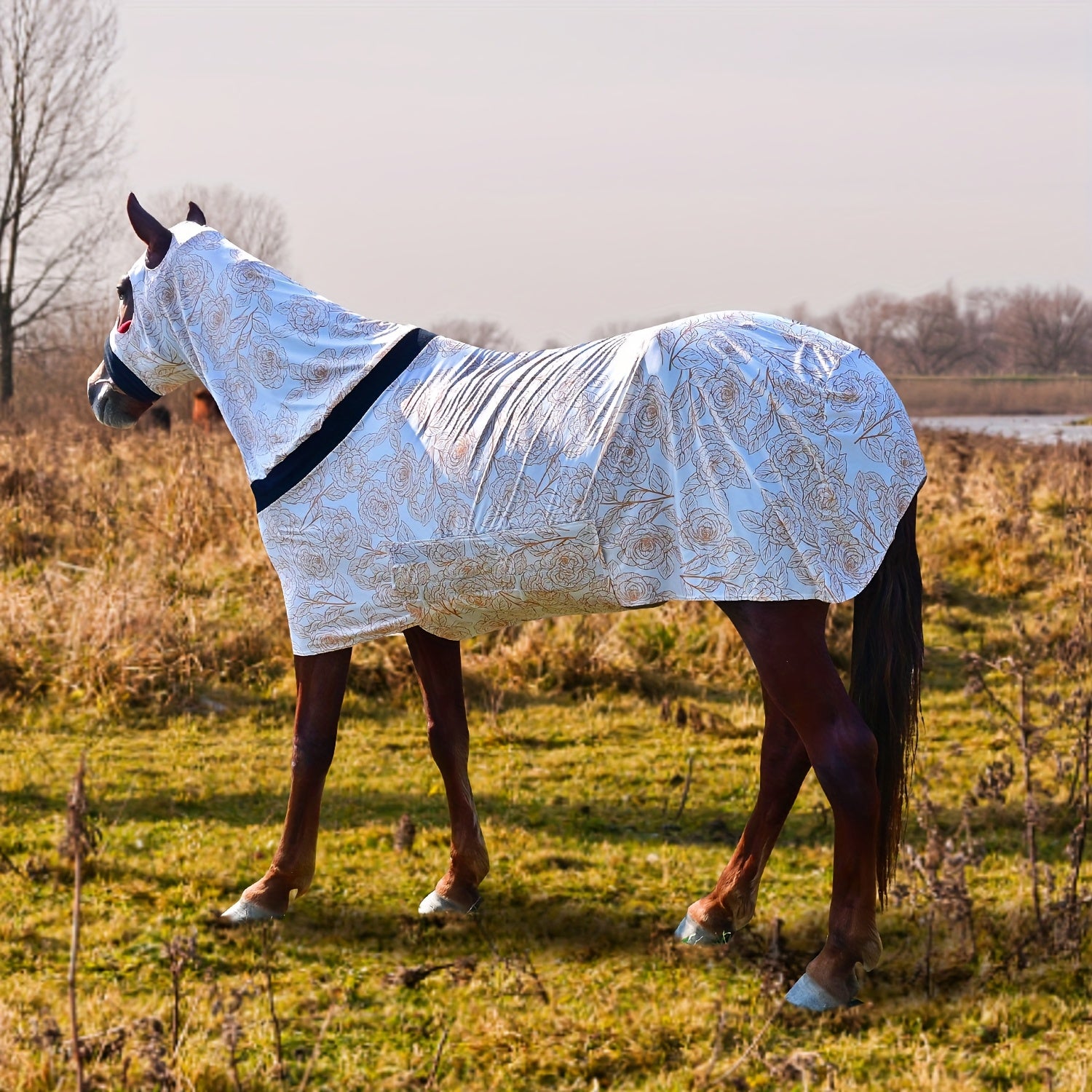 1pc EquiStar Horse Blanket with Neck Cover - Full Body Elastic Thin Polyester Fiber Horse Sheet, All Breed Sizes, Zippered Soft Comfort Protection from Mosquitoes and Flies