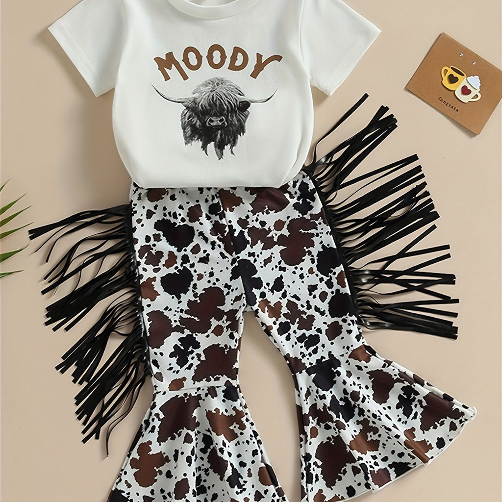 2pcs Toddler Girls Bull Head Graphic T-Shirt & Tassel Cow Graphic Flare Leg Pants Set for Summer Outdoor