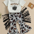 2pcs Toddler Girls Bull Head Graphic T-Shirt & Tassel Cow Graphic Flare Leg Pants Set for Summer Outdoor