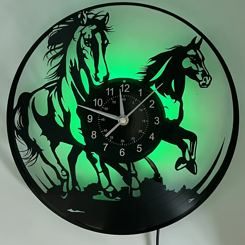 [Unique Vinyl LED Clock] Unique Luminous Vinyl LED Wall Clock | Handmade Running Horse Design Home Wall Art Decor for Living Room, Bedroom, Office, Garage, Kitchen | Original Gift for Birthday, Mothers Day, Spring Season, Gra