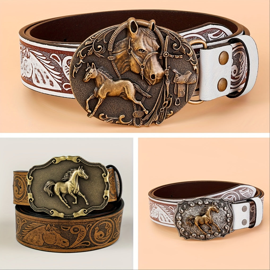 Western Horse Carved Buckle Belts Vintage Embossed Solid Color PU Waistband Classic Cowboy Cowgirl Jeans Pants Belt For Women & Men