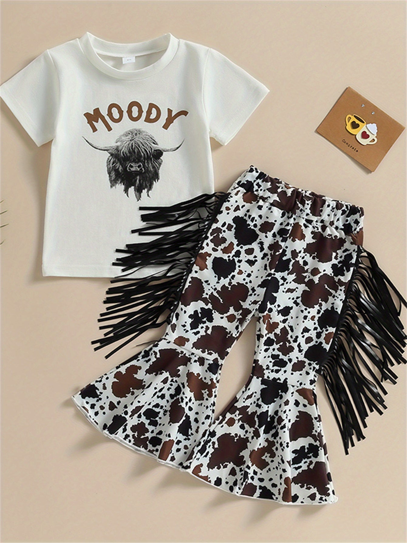 2pcs Toddler Girls Bull Head Graphic T-Shirt & Tassel Cow Graphic Flare Leg Pants Set for Summer Outdoor