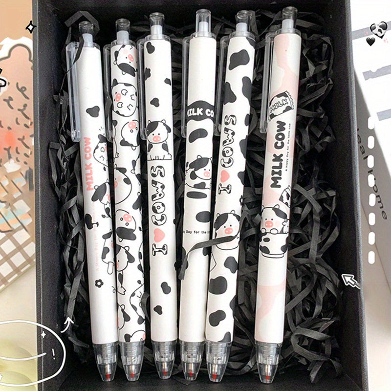 6pcs Vibrant Black Ink Cartoon Milk Cow Retractable Gel Pens Set - Fine 0.5mm Bullet Nib, Smooth Writing Experience, Ergonomic Design, Perfect for School, Office, and Artistic Creations
