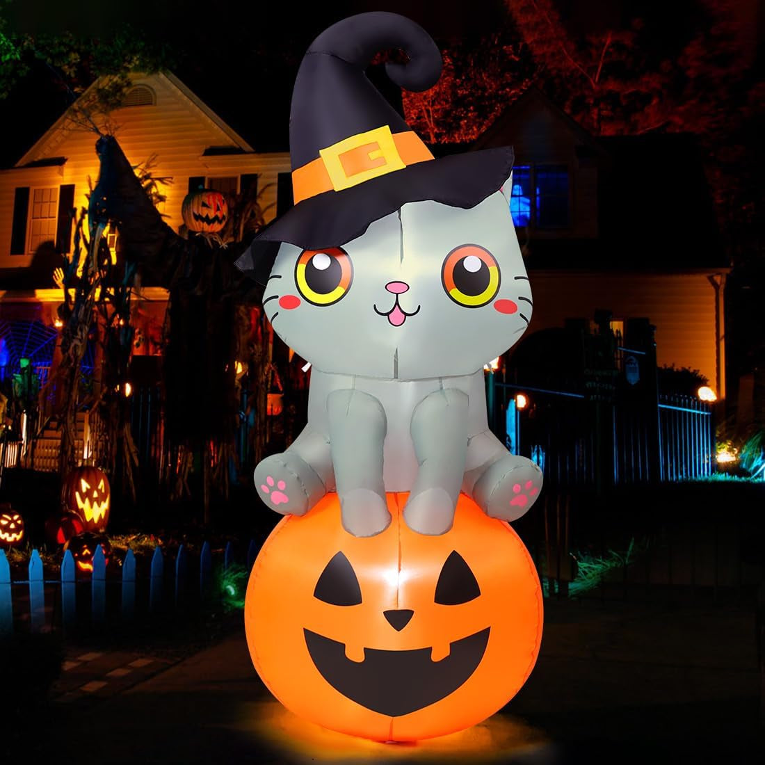 6 FT Halloween Inflatable Cat Outdoor Decoration - Adorable Wizard Cat Sitting on Pumpkin with Built-in LEDs for Garden, Lawn, and Indoor Party Decor