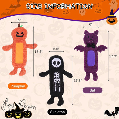 Stuffless Halloween Dog Squeaky Toys for Small Medium Dogs, Crinkle Puppy Chew Toy, 3 Pack Cute Animals Shape Soft Pet Plush Teething Toys(Skeleton & Pumpkin & Bat)