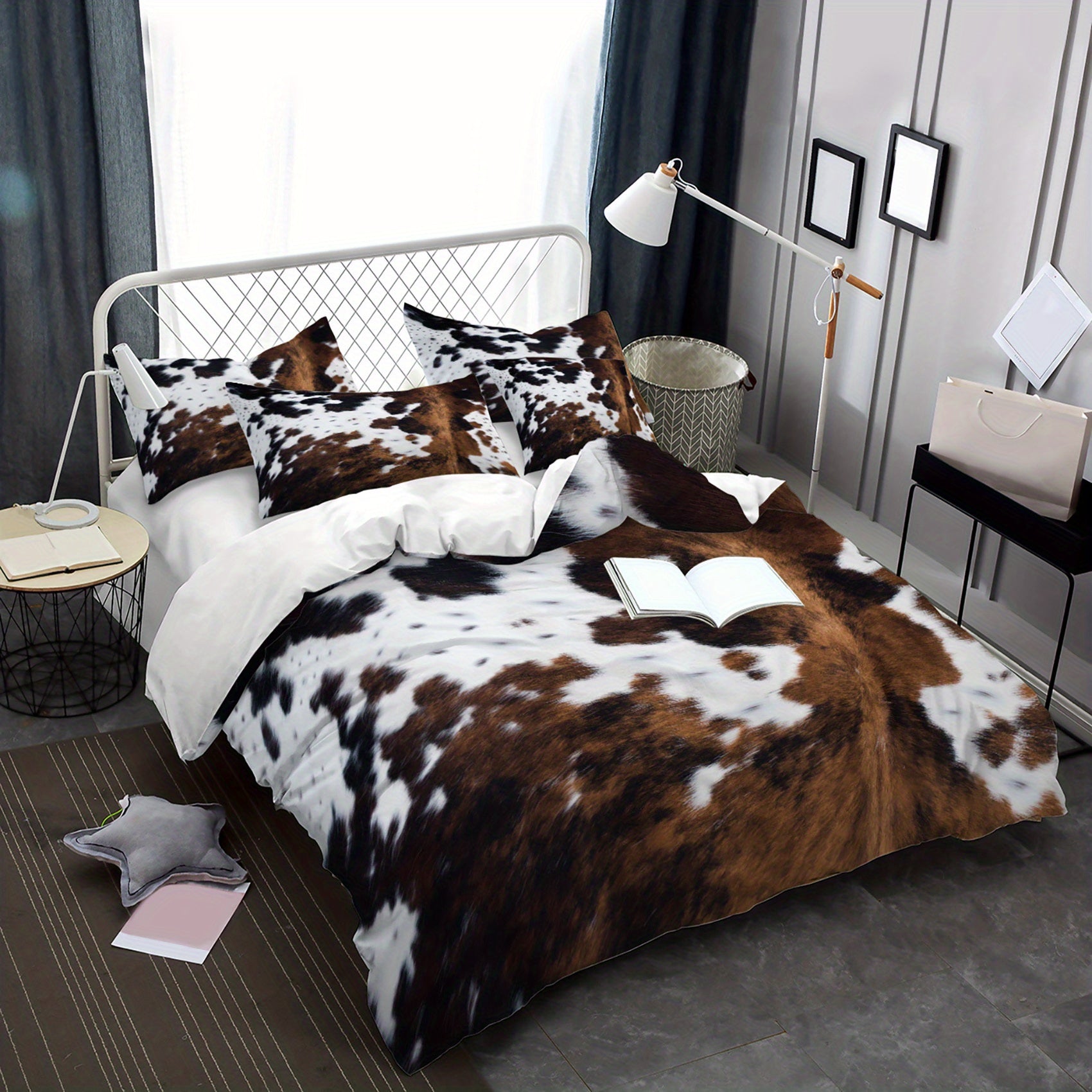 Brown And Black Cow Pattern Yak Leather Bedding Set with Washable Ultra-Fine Microfiber Duvet Cover, Soft And Comfortable, Does Not Include The Down Comforter, Available in 2 Or 3pcs Sets.