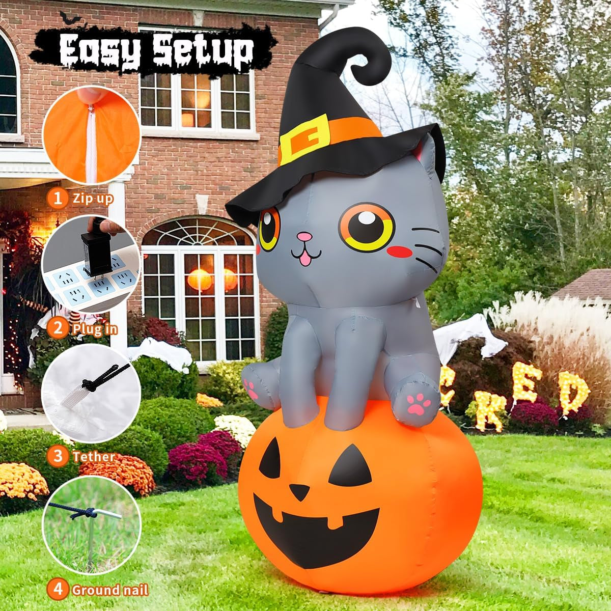 6 FT Halloween Inflatable Cat Outdoor Decoration - Adorable Wizard Cat Sitting on Pumpkin with Built-in LEDs for Garden, Lawn, and Indoor Party Decor