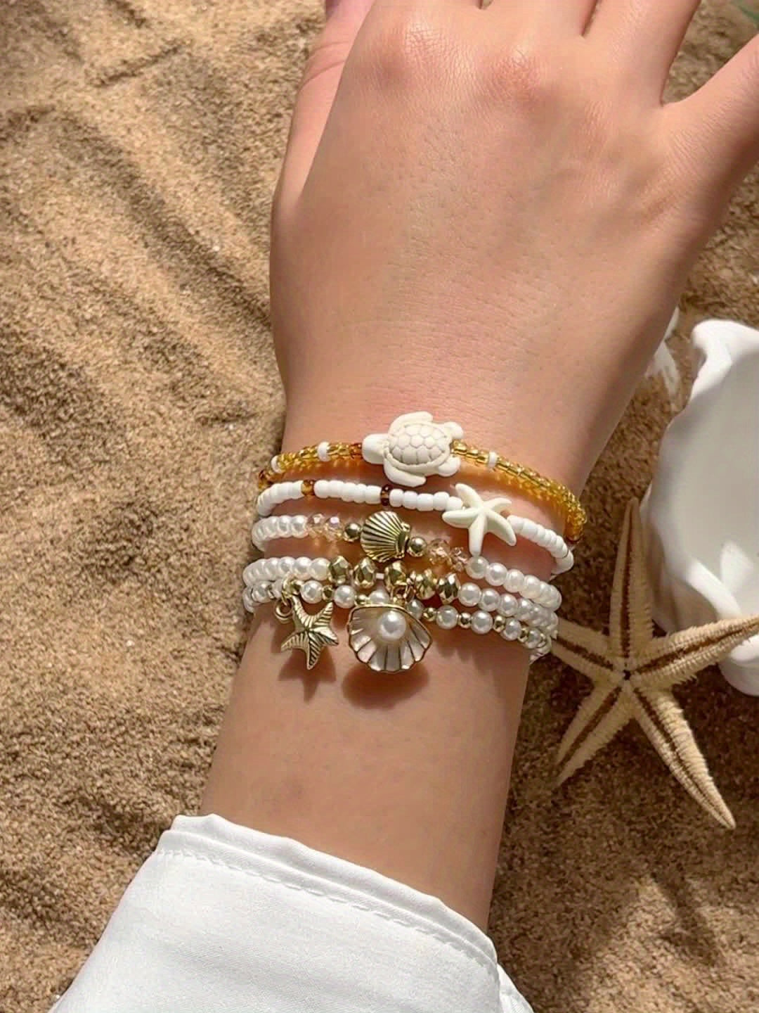 5pcs Bohemian Summer Ocean Style Stackable Bracelet Set, Featuring Starfish, Seashells, Turtles, and More Cute Charms, Exquisite Women'S Daily Wear, Beach Party, Vacation, Casual Accessories