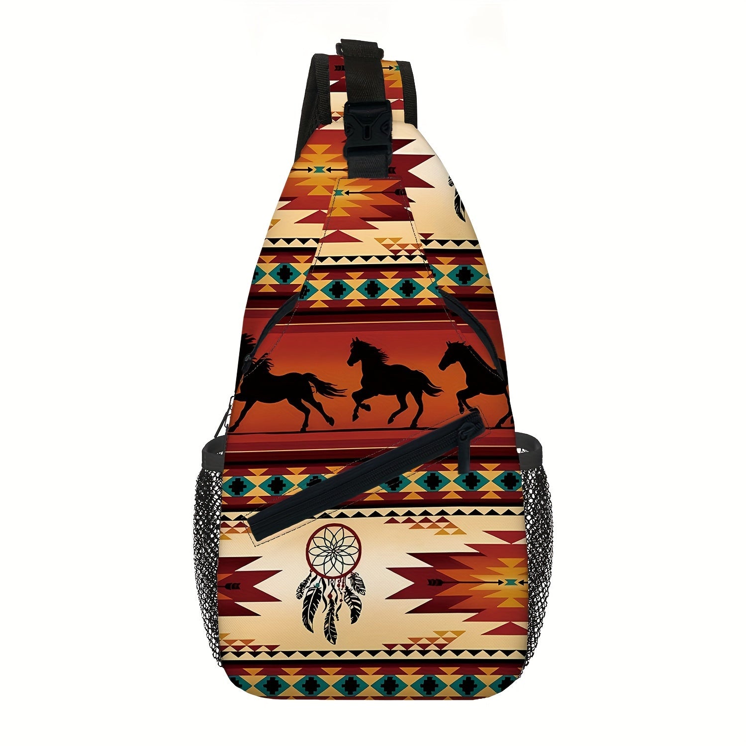 Totem Style Horse Pattern Print Casual Sling Bag, Men's And Women's Crossbody Bag For Travel & Daily Commute