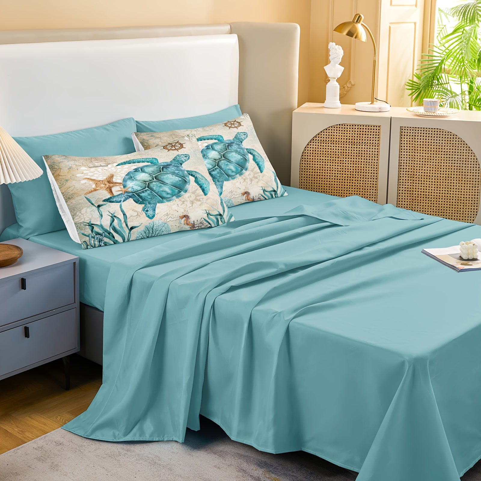 8 Pieces Blue Green Comforter Set Ocean Life Bed In A Bag Turtle Beach Bedding Set Hawaii Style Summer Lightweight Bedding Comforter Set 200g Microfiber Filling Soft Lightweight Comforter Set For All Seasons