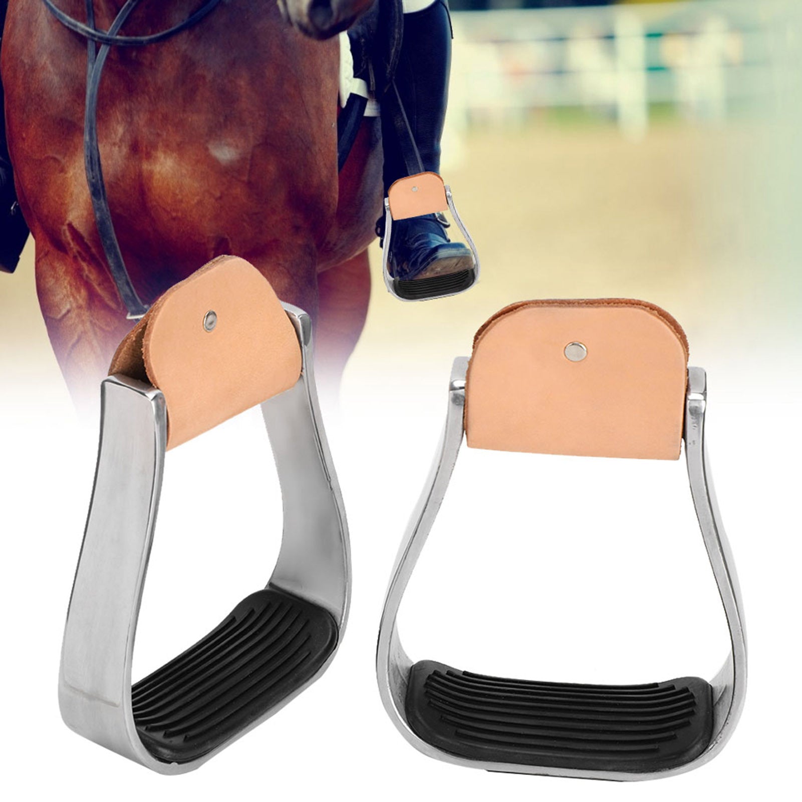 1 Pair Equestrian Aluminum Alloy Stirrups with Cushioned Leather Pads - Durable Horse Riding Saddle Tack Overshoes, Black