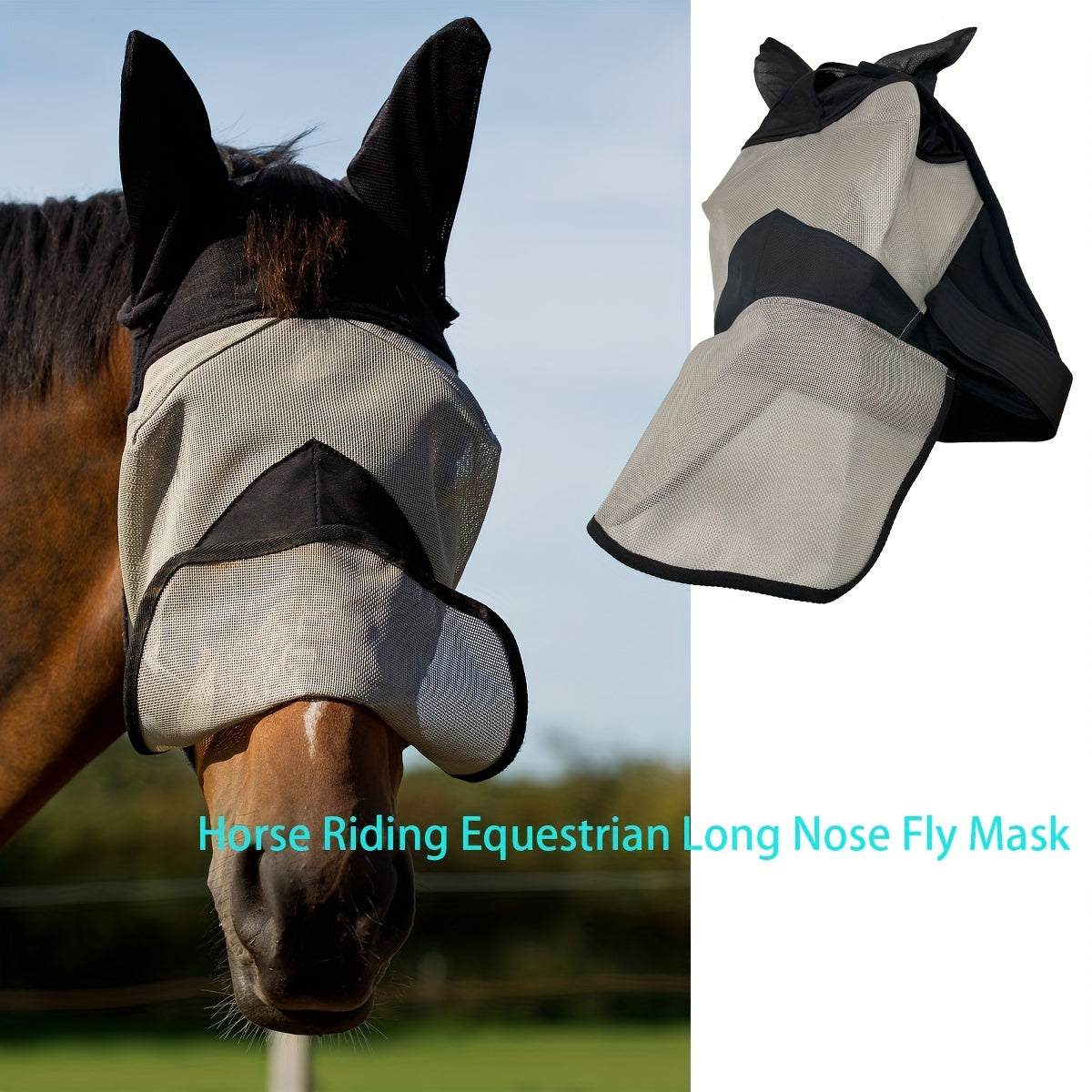 Equestrian Long Nose Fly Mask for Horses, PVC Breathable Mesh Protection with Adjustable Straps - Fly Repellent Horse Mask