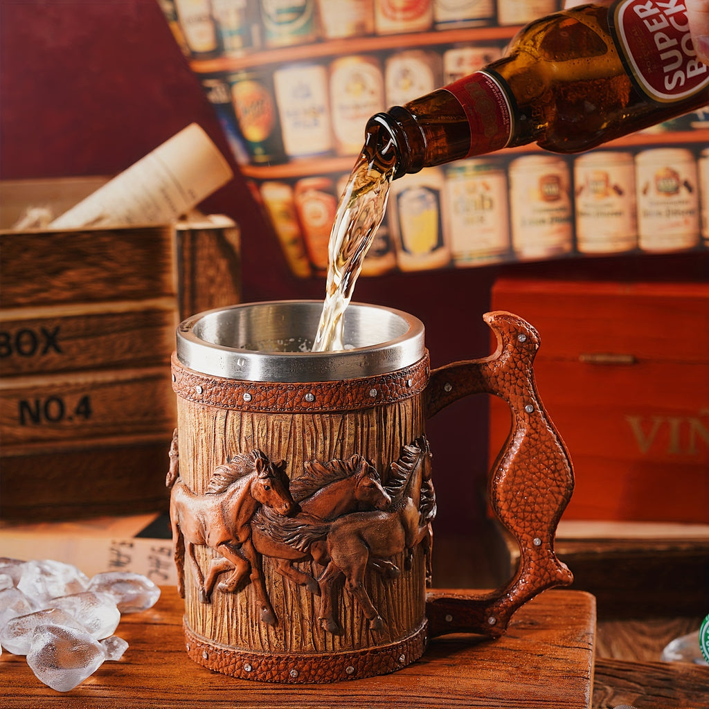 Viking Style Stainless Steel Mug with Horse Relief Design - Perfect for Christmas, Halloween, and Easter Celebrations