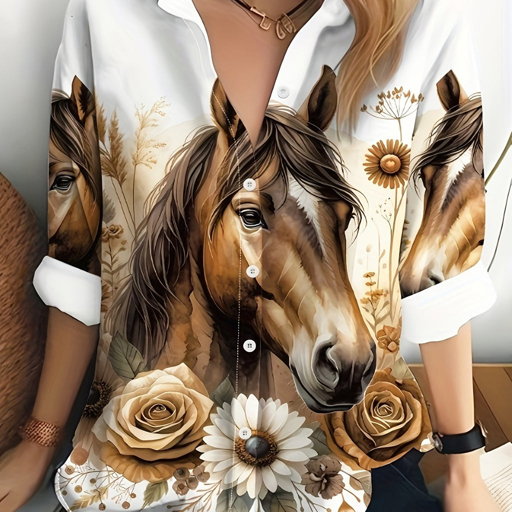 [Polyester Horse Print Blouse] 100% Polyester Women's Horse Print Blouse | Long Sleeve, Machine Washable, Casual Elegance with Floral Design, Button-Up Front, All-Season Wear