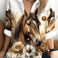 [Polyester Horse Print Blouse] 100% Polyester Women's Horse Print Blouse | Long Sleeve, Machine Washable, Casual Elegance with Floral Design, Button-Up Front, All-Season Wear