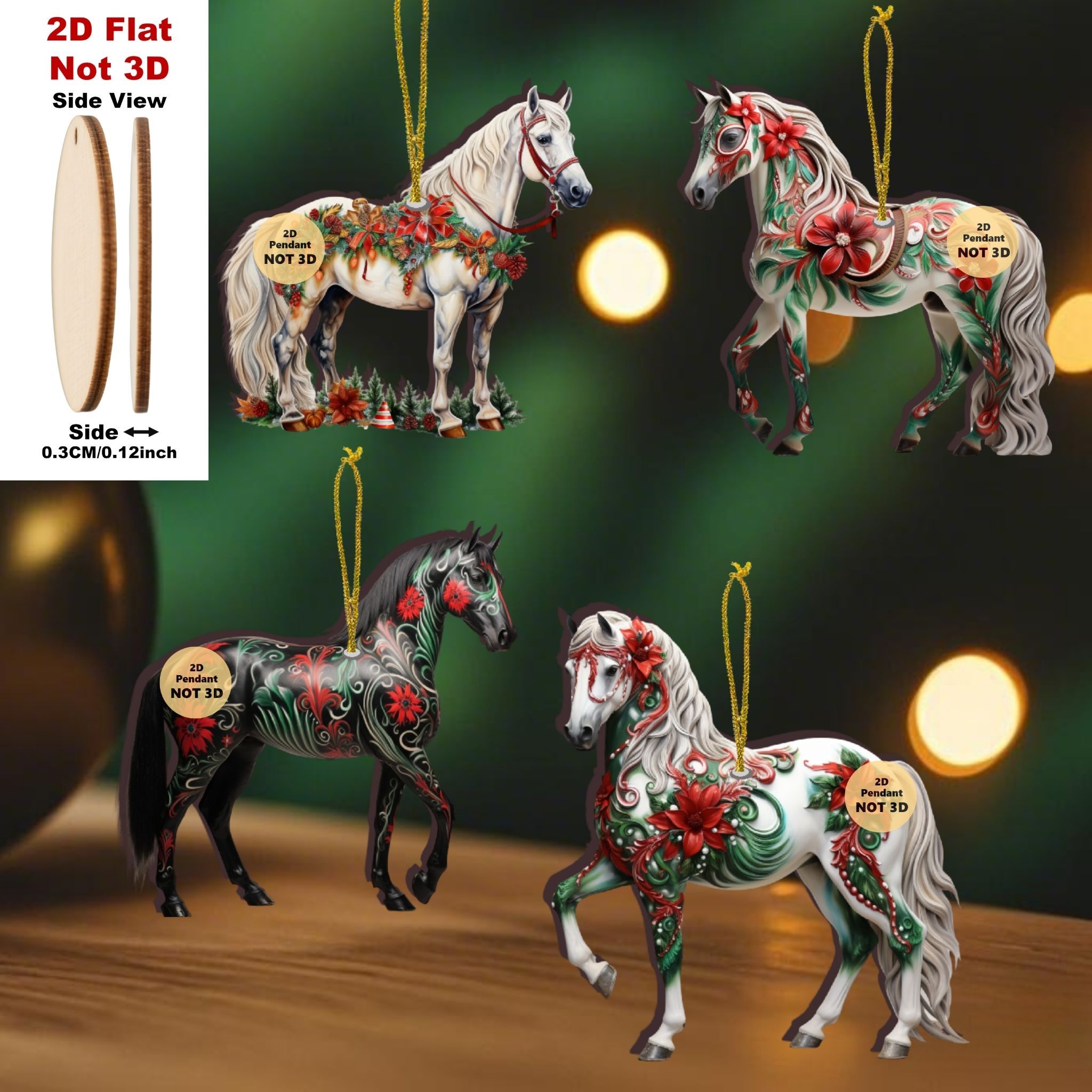 [Handcrafted Wooden Horse] 18pcs Handcrafted Wooden Horse Ornaments - 2D Flat, Festive Christmas Tree Decor with Golden Accents, Ideal for Holiday Home & Gift Tags, Perfect for Christmas, Halloween, Thanksgiving & New Year Ce