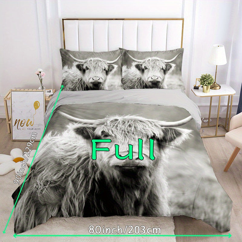 3pcs Stylish Countryside Highland Cow High-Definition Digital Printed bedding