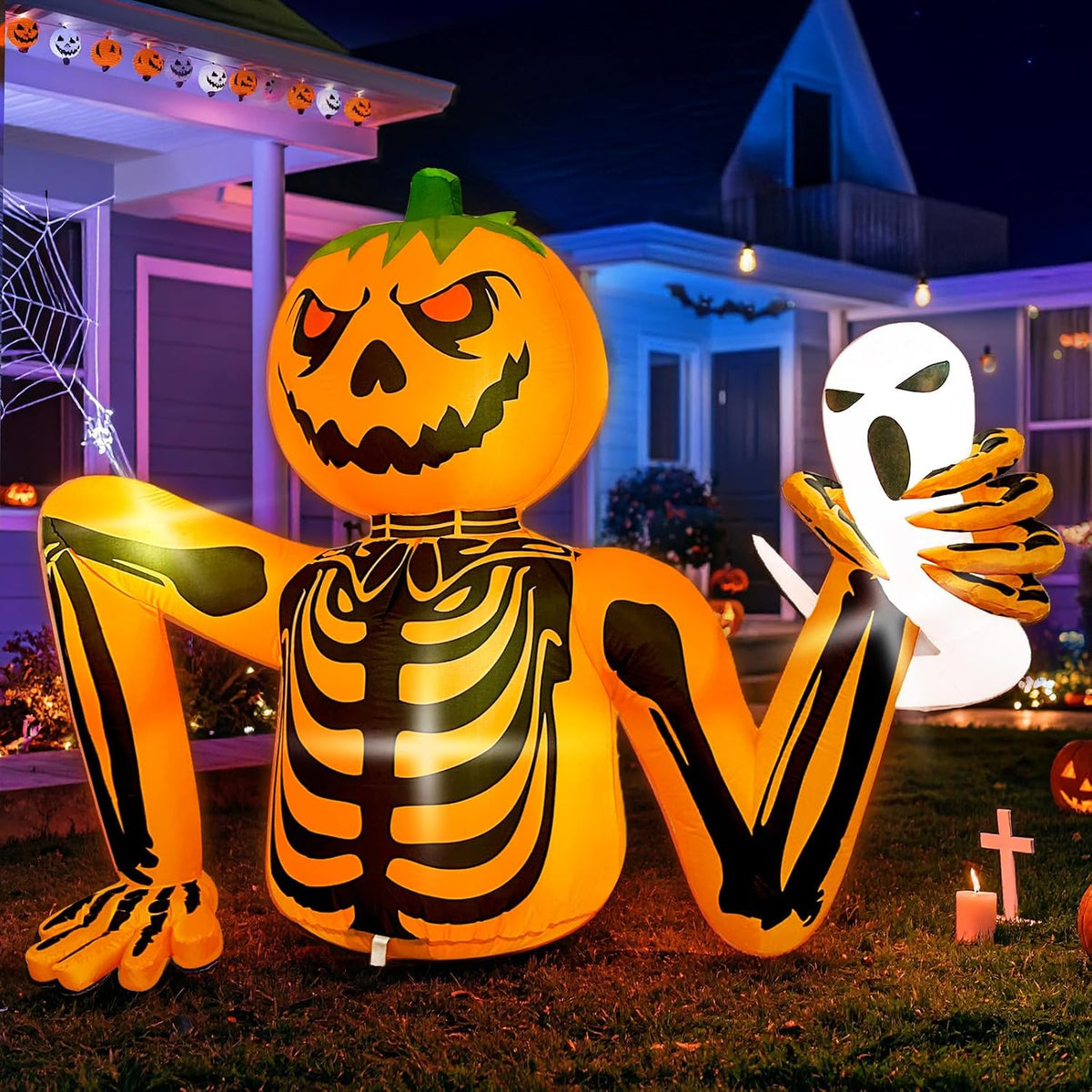 8FT LED Illuminated Halloween Inflatable Dog Pulling Skeleton Decor