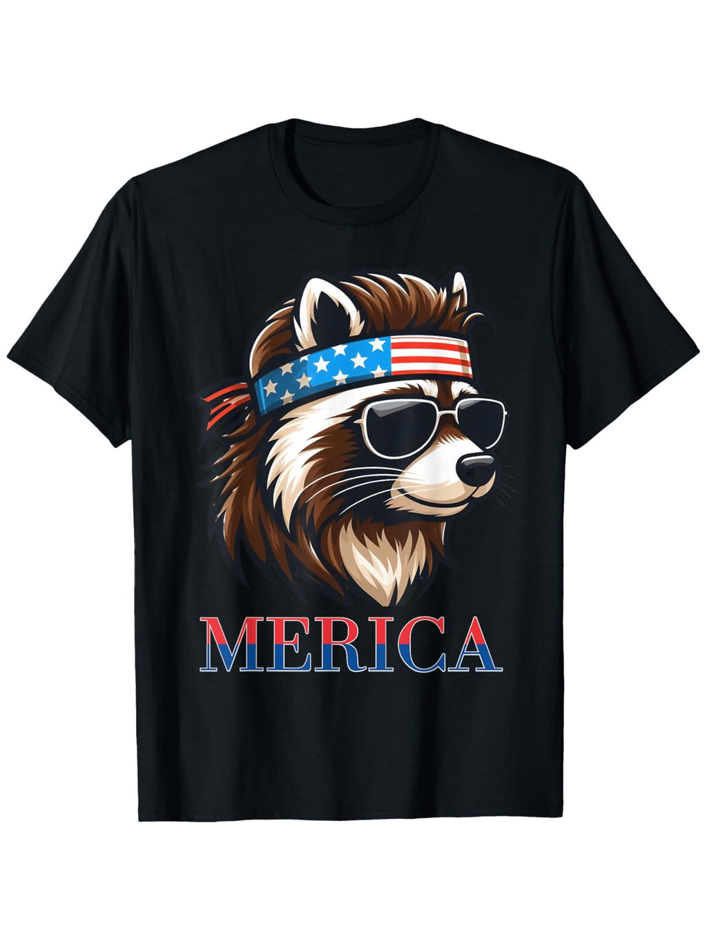 Mullet Raccoon Merica Patriotic 4th of July T-Shirt for Men - 100% Cotton Loose Fit Casual Tee with USA Flag Fashion Glasses & Bandana Design, S-XXXL, Everyday Comfort, Breathable Fabric, Holiday Outfit, Graphic Print, Comfor