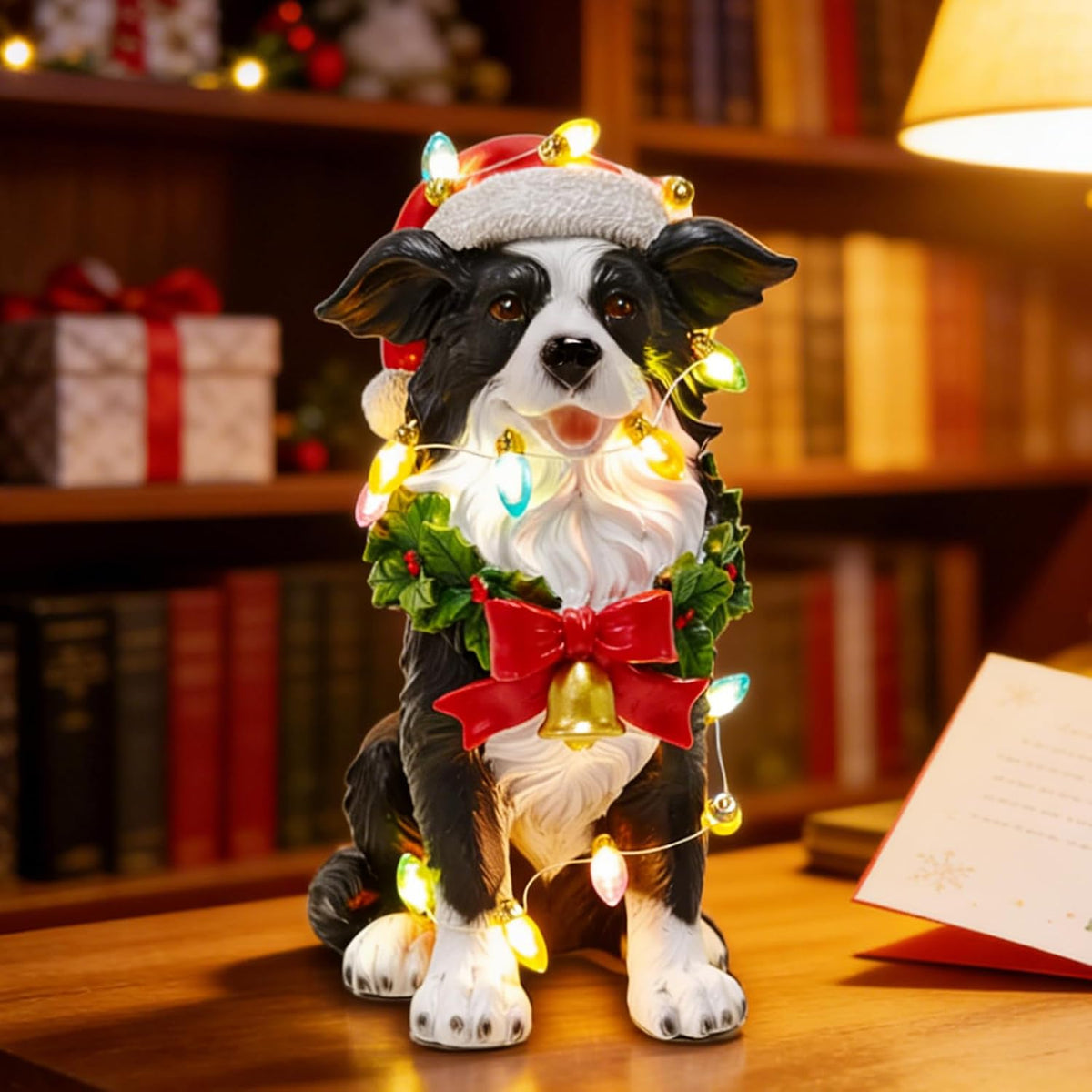 Festive Border Collie Sculpture with Santa Hat - Christmas Decor for Mantels and Tabletops - Ideal Gift for Border Collie Enthusiasts