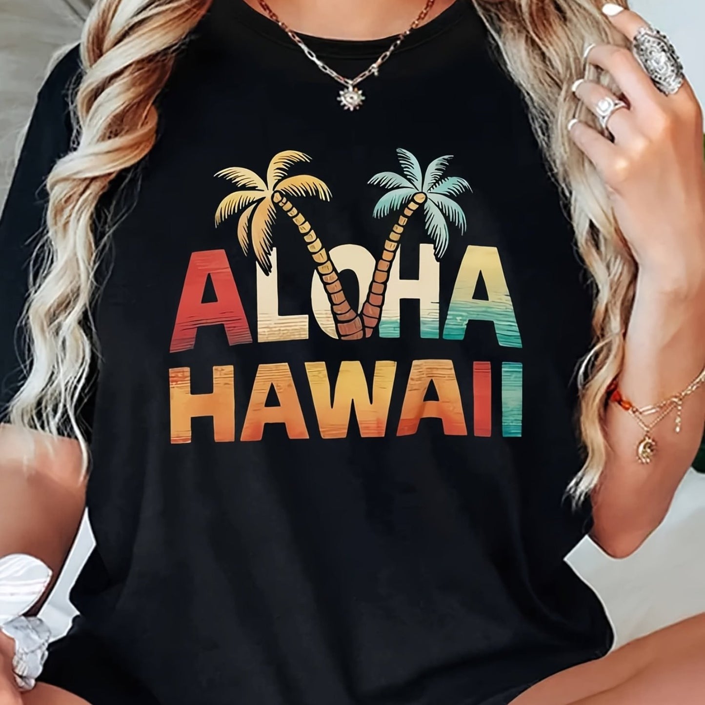 Women'S Summer Beach Tropical Crew Neck T-Shirt - Breathable Short Sleeve Casual Top with Aloha Hawaii Palm Tree Print, Machine Washable Regular Fit Tee for Vacation & Casual Attire, Island Trip Clothing, Vibrant Print