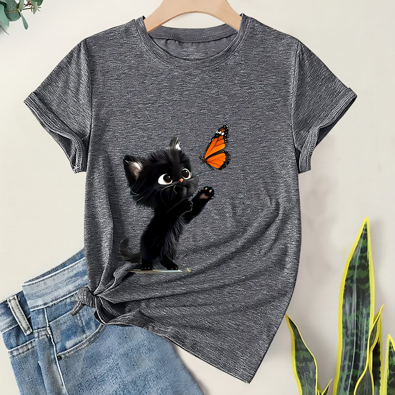 Soft Breathable 1pc Women's Casual Crew Neck T-Shirt - Black Cat and Butterfly Print, Short Sleeve, Machine Washable, Easy Care, Loose Fit, Chic Style, Spring/Summer Collection