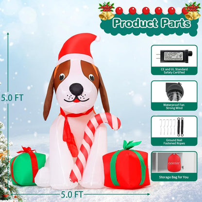 5 FT Inflatable Christmas Beagle Dog Outdoor Decoration with Gift Box and Built-in LEDs for Holiday Party and Garden Lawn Decor
