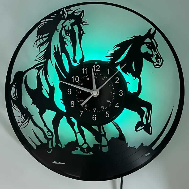 [Unique Vinyl LED Clock] Unique Luminous Vinyl LED Wall Clock | Handmade Running Horse Design Home Wall Art Decor for Living Room, Bedroom, Office, Garage, Kitchen | Original Gift for Birthday, Mothers Day, Spring Season, Gra
