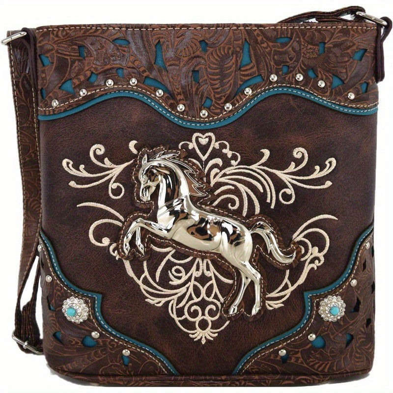 Western Horse Embroidery Faux Leather Crossbody Bag, Cowgirl Style Shoulder Handbag, with Floral Design and Rhinestone Accents, Polyester Lined, with Zipper Closure for Women